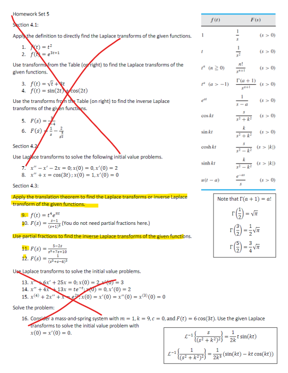 Homework Set 5 f(t) F(S) Section 4.1: Apply the definition to directly find the Laplace transforms of the given functions. (s
