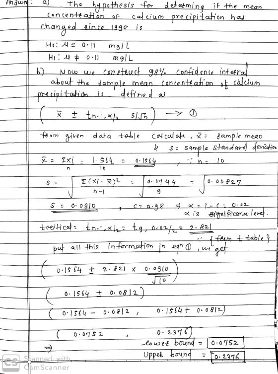 Hh dwell 4 The hypothesis for determing if the mean concente ation of calcium precipitation has changed since 1990: is H: A =