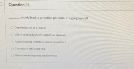 Question 31 would lead to an action potential in a ganglion cell. Depolarization of a rod cell CGMP binding to cGMP gated Na+