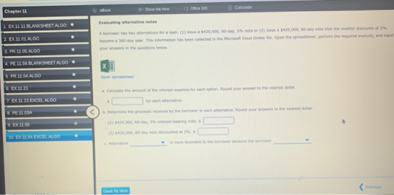 Chapter 11 BOOK Show Me How Calculator Ofice 365 Evaluating alternative notes 1. EX 11 11 BLANKSHEETALOO 2. EX 11.01. ALGO A
