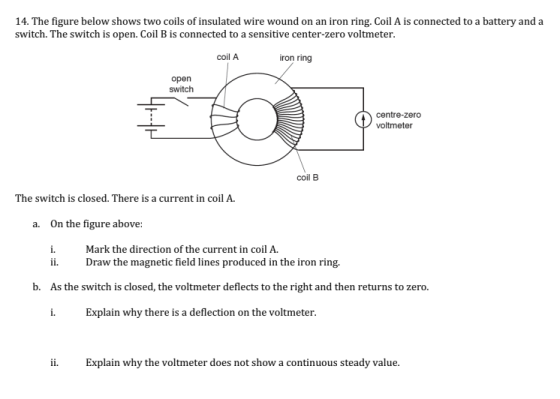 14. The figure below shows two coils of insulated wire wound on an iron ring. Coil A is connected to a battery and a switch.