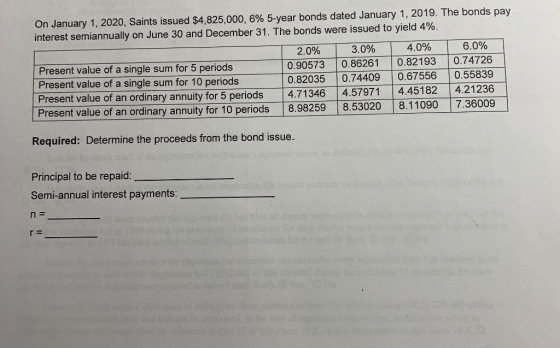 On January 1, 2020, Saints issued $4,825,000, 6% 5-year bonds dated January 1, 2019. The bonds pay interest semiannually on J