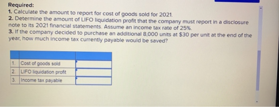 Required: 1. Calculate the amount to report for cost of goods sold for 2021. 2. Determine the amount of LIFO liquidation prof