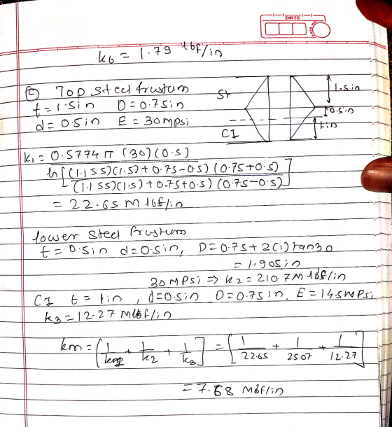 DATE ko = 1.79 Hof Tin losin talsin 10.sin E=30Mpsi © Top sted trusturs st 0=0.75in d=osin CI kis 0.5774 U (30)0.5) h[11.15 h