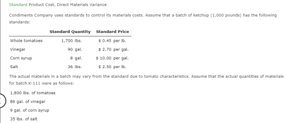 Standard Product Cost, Direct Materials Variance Condiments Company uses standards to control its materials costs. Assume tha