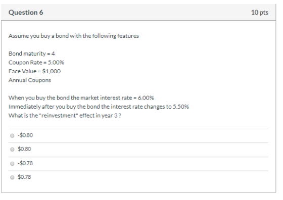 Question 6 10 pts Assume you buy a bond with the following features Bond maturity = 4 Coupon Rate = 5.00% Face Value = $1,000