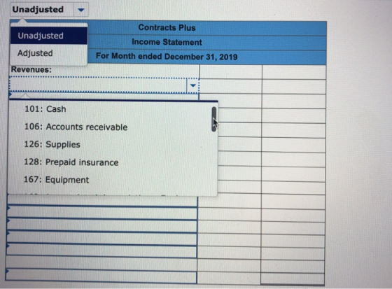 Unadjusted Contracts Plus Unadjusted Adjusted Income Statement For Month ended December 31, 2019 Revenues: 101: Cash 106: Acc