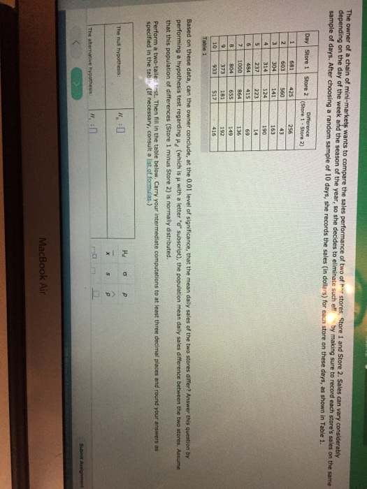 The owner of a chain of mini-markets wants to compare the sales performance of two of har stores, Store 1 and Store depending on the day of the week and the season of the year, so she decides to eliminate such sample of days. After choosing a random sample of 10 days, she records the sales (in dollars) for eacn store on these days, as shown in 2 Sales can vary considerably eff by making sure to record each stores sales on the same (Store 1-Store 2) 681 425 256 603 314 484 163 190 124 223 415 864 136 149 192 416 373 181 10933 517 Based on these data, can the owner conclude, at the 0.01 level of significance, that the mean daily sales of the two stores differ? Answer this question by performing a hypothesis test regard ng μ d which is μ with a letter d subscript), the population mean daily sales diference between the two stores. Assume that this population of differences (Store 1 minus Store 2) is normally distributed. a two-tailed test. Then fill in the table below. Carry your intermediate computations to at least three decimal places and round your answers as specified in the table (If necessary, consult a list of fo MacBook Air