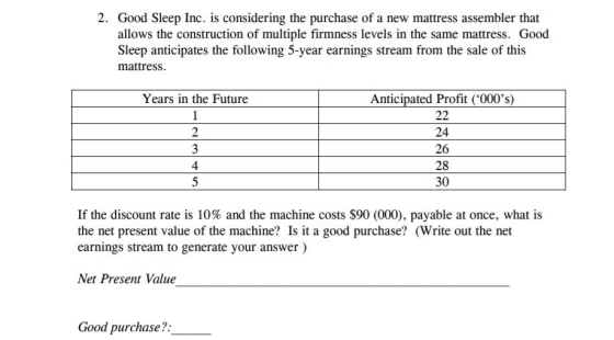 2. Good Sleep Inc. is considering the purchase of a new mattress assembler that allows the construction of multiple firmness levels in the same mattress. Good Sleep anticipates the following 5-year earnings stream from the sale of this mattresS. Years in the Future Anticipated Profit (000s) 24 26 28 30 4 If the discount rate is 10% and the machine costs $90 (000), payable at once, what is the net present value of the machine? Is it a good purchase? (Write out the net earnings stream to generate your answer) Net Present Value Good purchase?: