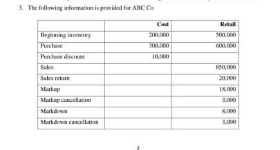 3. The following information is pievided for AHCC 200.000 BOCKO 10,000 Retail 500.000 GOXICO Beginning inventory Purchase Pur