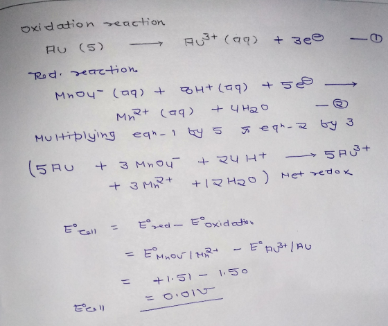 Oxidation eaction Au (99) 3+ FU (5) + 3ee Rod eattion Mnou (aq 5 Ht (aq) Mn2+ MUtiplying a9) 4H2O by eq eqh-1 y 5 (5AU 5R+ 3