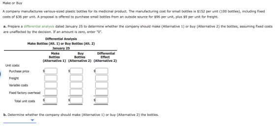 Make or Buy A company manufactures various-sized plastic bottles for its medicinal product. The manufacturing cost for small