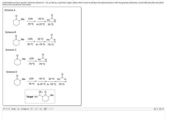 Listed below are four reaction schemes (Scheme A-D), as well as a synthetic target. Select which scheme will give the desired