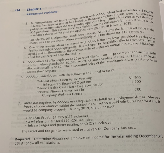 134 Chapter 3 Assignment Problems for a $25,000 ot company vs shares at loyee loans were not con 500 of the companys share