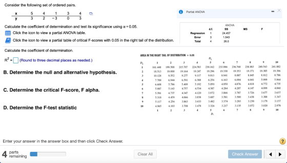 Consider the following set of ordered pairs. i Partial ANOVA ANOVA Calculate the coefficient of determination and test its si