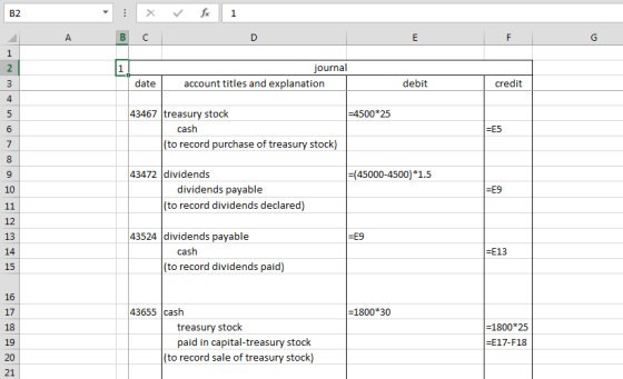fx 1 в с journal account titles and explanation date debit credit -4500*25 43467 treasury stock cash (to record purchase of t
