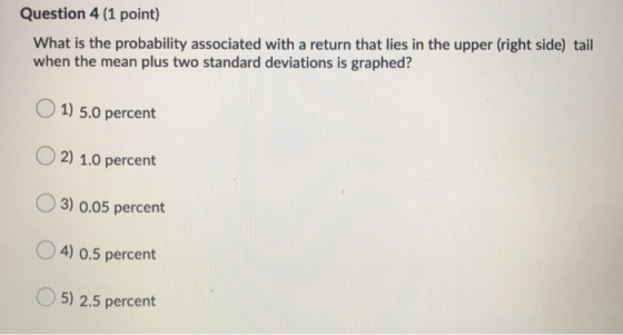 Question 4 (1 point) What is the probability associated with a return that lies in the upper (right side) tail when the mean