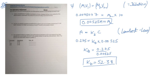 Integrated Chemical Kinetic Determination of the Rate Law for the Crystal Violet/Hydroxide ion reaction Pre-laboratory Assign