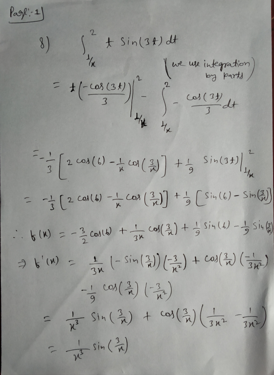 Page: 1) 2 8 ) t sin(37) dt 지사 we use integration by parts = cor (34) cos (37) dt 3 Mr 2 t1 Sin(3t) 9 Un - 2 cos(6) - 1 cos 3