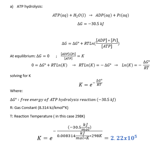 a) ATP hydrolysis ATP (aq) H20() ADP(aq) + Pi(aq) ADP [Pi] [ATP] LopHP1 Atequilibrium: Δ6-0 RT solving for K Where: G: free