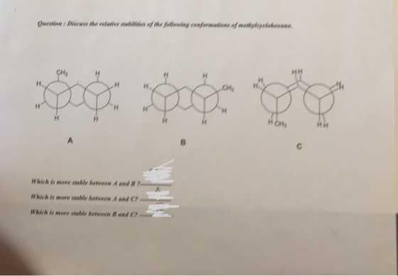 Question / Diw the relative stabilities of the following conformations of methyleyclohexans Which is more stable between 1 an