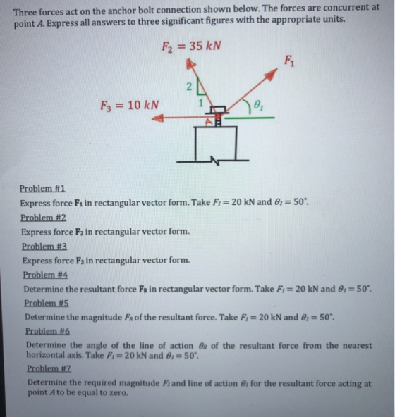 Three forces act on the anchor bolt connection shown below. The forces are concurrent at point A.Express all answers to three significant figures with the appropriate units. F2 35 kN FI F3 = 10 kN Express force F1 in rectangular vector form. Take F: = 20 kN and 6, = 50.. Problem #2 Express force F2 in rectangular vector form. Problem#3 Express force F, in rectangular vector form. Problem#4 Determine the resultant force FR in rectangular vector form. Take Fr = 20 kN and 6, Problem #5 Determine the magnitude FR of the resultant force. Take Fi 20 kN and 8-50 50 Determine the angle of the line of action R of the resultant force from the nearest horizontal axis. Take F, = 20 kN and θ,-50. Determine the required magnitude Fiand line of action point A to be equal to zero. for the resultant force acting at