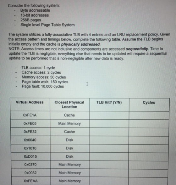 Consider the following system: Byte addressable 16-bit addresses 256B pages Single level Page Table System The system utilizes a fully-associative TLB with 4 entries and an LRU replacement policy. Given the access pattern and timings below, complete the following table. Assume the TLB begins initially empty and the cache is physically addressed NOTE: Access times are not inclusive and components are accessed sequentially. Time to update the TLB is negligible, everything else that needs to be updated will require a sequential update to be performed that is non-negligible after new data is ready. TLB access: 1 cycle Cache access: 2 cycles Memory access: 50 cycles - - -Page table walk: 150 cycles - Page fault: 10,000 cycles Virtual AddressClosest Physical TLB Hit? (YIN) Cycles OxFE1A 0xFE05 0xFE32 0x0040 0x1010 0xD015 0x0370 0x0032 OxFEAA Location Cache Main Memory Cache Disk Disk Disk Main Memory Main Memory Main Memory