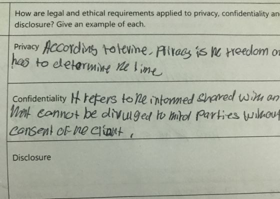 How are legal and ethical requirements applied to privacy, confidentiality an disclosure? Give an example of each. Privacy Ac