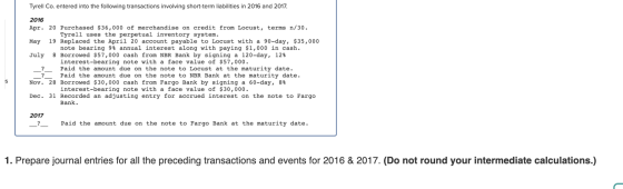 Tyrell Co. entered into the following transactions involving short-term liabilities in 2016 and 2017. 2016 Apr. 20 Purchased