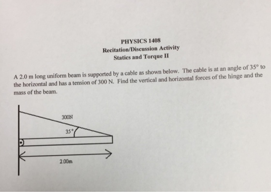 A 2.0 m long uniform beam is supported by a cable