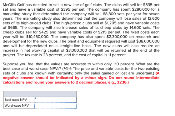 McGilla Golf has decided to sell a new line of golf clubs. The clubs will sell for $835 per set and have a variable cost of $