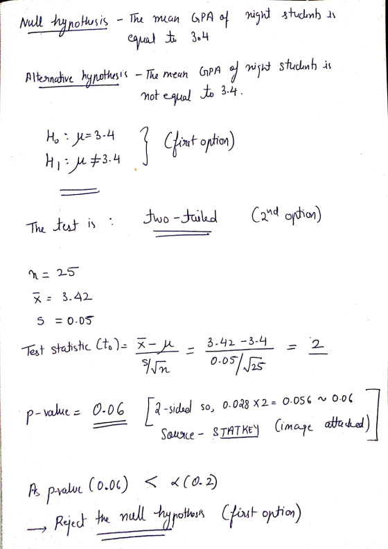Null hy nothusis The mean GPA of night students is equal to 304 Alternative hypothesis - The mean GPA of night stuchentis is