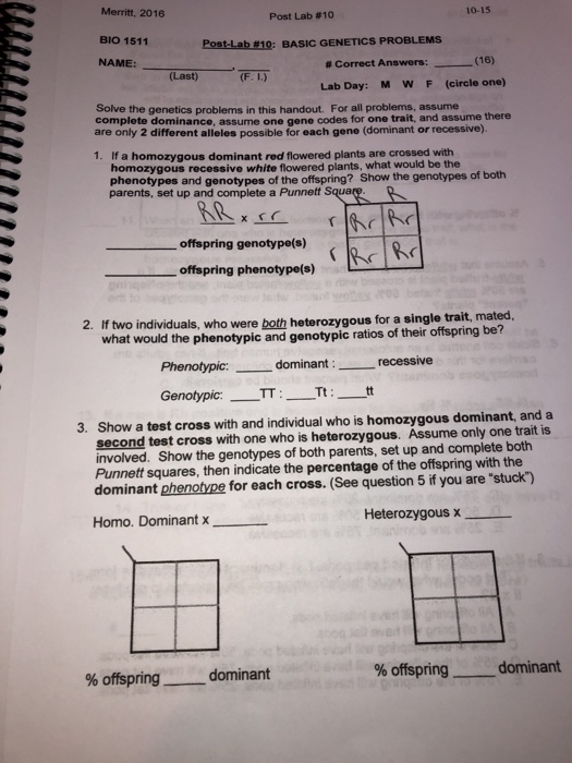 Merritt, 2016 BIO 1511 NAME:F. I.) 10-15 Post Lab #10 Post-LabE19: BASIC GENETICS PROBLEMS # Correct Answers: (16) (Last) Lab