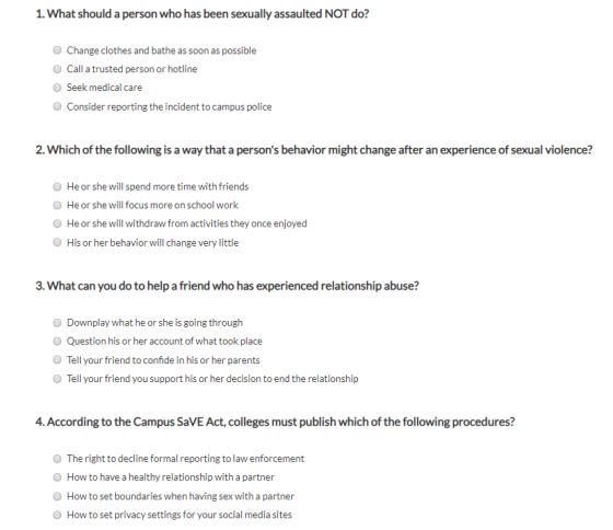 1. What should a person who has been sexually assaulted NOT do? Change clothes and bathe as soon as possible Call a trusted p