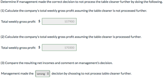 Determine if management made the correct decision to not process the table cleaner further by doing the following. (1) Calcul
