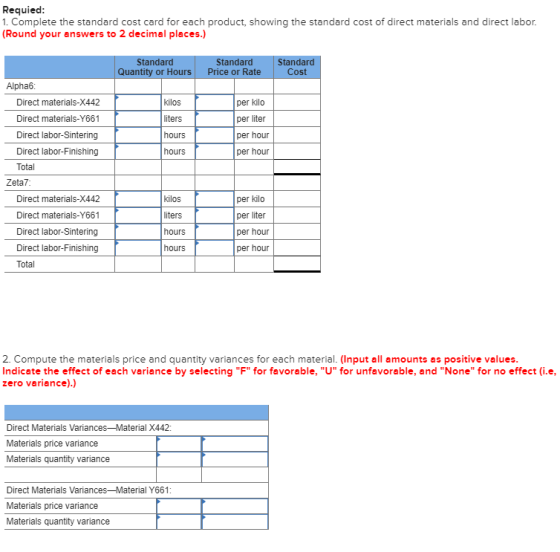 Requied: 1. Complete the standard cost card for each product, showing the standard cost of direct materials and direct labor