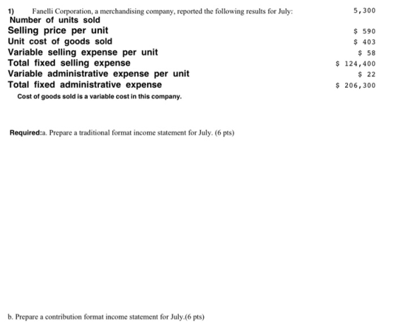 5,300 1) Fanelli Corporation, a merchandising company, reported the following results for July: Number of units sold Selling