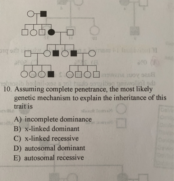 00 ood. God Teens OV 926 okoladi 10. Assuming complete penetrance, the most likely genetic mechanism to explain the inheritan