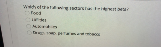 Which of the following sectors has the highest beta? Food Utilities Automobiles Drugs, soap, perfumes and tobacco