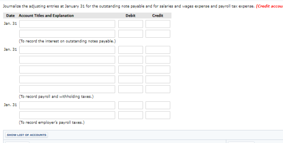 Journalize the adjusting entries at January 31 for the outstanding note payable and for salaries and wages expense and payrol