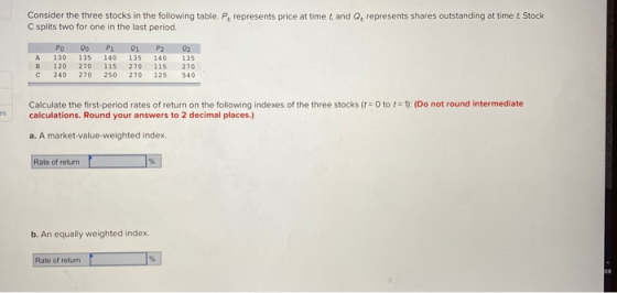 Consider the three stocks in the following table. Prepresents price at time, and C splits two for one in the last period repr