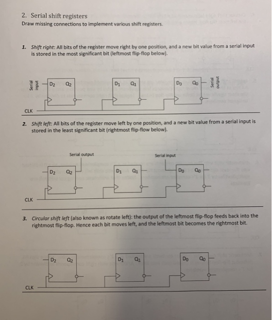 2. Serial shift registers Draw missing connections to implement various shift registers 1. Shift right: All bits of the regis