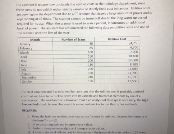 The assistant is unsure how to classify the utilities costs in the radiology department, since these costs do not exhibit eit