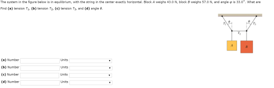 The system in the figure below is in equilibrium, with the string in the center exactly horizontal. Block A weighs 43.0 N, bl