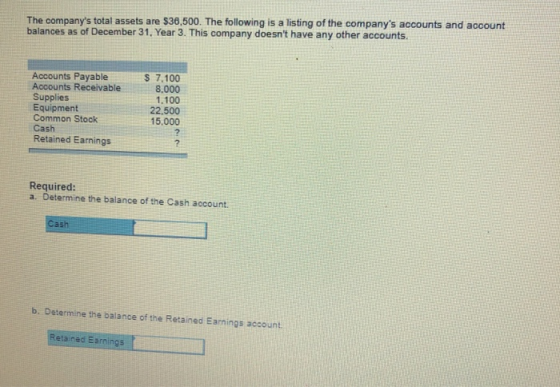 The companys total assets are $36,500. The following is a listing of the companys accounts and account balances as of December 31. Year 3. This company doesnt have any other accounts. Accounts Payable Accounts Receivable Supplies Equipment Common Stook Cash Retained Earnings $ 7.100 8.000 1.100 22.500 15,000 Required: a. Determine the balance of the Cash account a5 b. Determine the balance of the Retained Earnings account Retained Earnings
