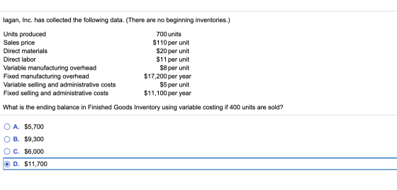 lagan, Inc. has collected the following data. (There are no beginning inventories.) Units produced Sales price Direct materia