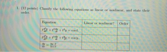 1. (12 points) Classify the following equations as lincar or nonlinear, and state their order. Linear or nonlincar? Order Equ