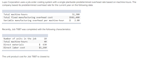 Lupo Corporation uses a job-order costing system with a single plantwide predetermined overhead rate based on machine-hours.