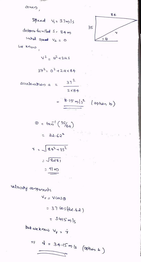 O W 84 speed V, 237ms 35 dotame framelled S² 84 m inchal sipeod V2 = 0 26 we know V2 u²+zas 3720? +29x84 2 acceleration a 37
