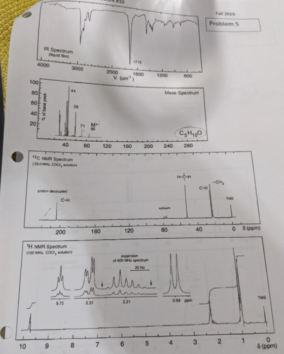 7 Problems Fall 2019 Problem 5 IR Spectrum 4000 3000 2000 1600 V (cm ) 1200 Mass Spectrum TTTTTTT So base peak 171 M CHOO 40